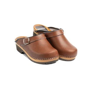 Zuecos de madera suecos con hebilla de cuero real antiguo y madera ligera y PU - Imagen 1 de 21