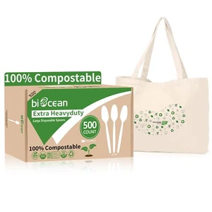 Extra Heavyduty Compostable Spoons Disposable Cutlery No Plastic Spoons 500 C... - Picture 1 of 6