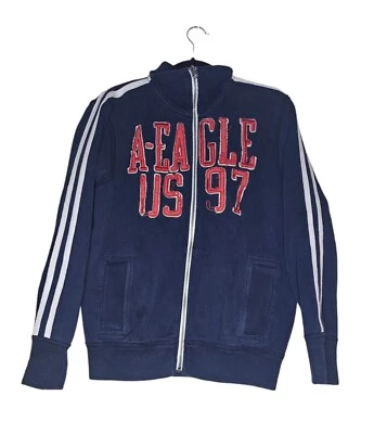 American Eagle Blue Zip Up Jacket With White Stripes And Red Lettering Sz Small - Image 1 of 4