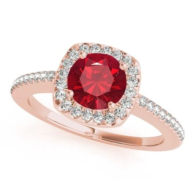 Alianza de compromiso de diamantes y rubíes creados con halo de 1,10 quilates en oro macizo de 14 k Foto 1 de 3