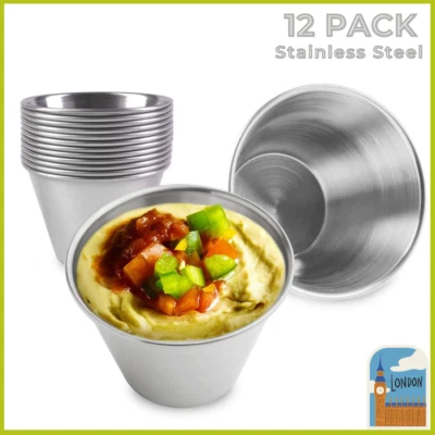 Tazas de salsa de acero inoxidable 12 piezas tazones de condimento de inmersión de tapas 2,5 oz/75 ml Ramekins Foto 1 de 4