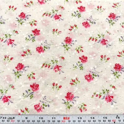 Vintage Florals on White Unbranded Cotton Blend Eyelet Fabric Remnant 10" x 44" - Image 1 of 2