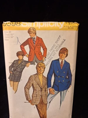 Vtg 70's Simplicity 9598 SINGLE/DOUBLE-BREASTED JACKET Sewing Pattern Men 40" - Image 1 of 4