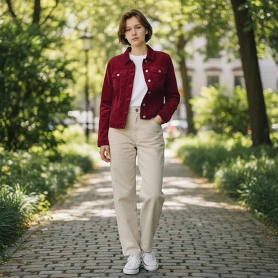 Женская бордовая вельветовая куртка с металлическими пуговицами акценты - Изображение 1 из 4