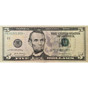 $5 Dollar Bill Series 2017A Star Note Circulated Condition PE01521353* - Picture 1 of 4