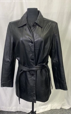 Women's Outdoor Exchange Belted Black Leather Coat Size M - Image 1 of 4