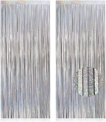 Paquete de 2 cortinas con flecos de lámina plateada telón de fondo de fiesta para boda cumpleaños Foto 1 de 4