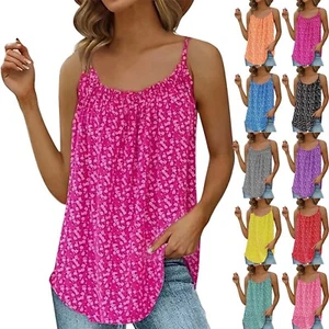 Women Sleeveless Floral Vest Tank Tops Ladies Pleated V-neck Summer Loose Shirt - Picture 1 of 54