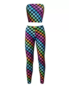 Arco Iris Multi Cuadrados Crop Bandeau Top Leggings Co-ord Conjunto de 2 Piezas Coord - Imagen 1 de 4