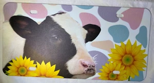 License Plate - Black and White Cow with Sunflowers - New! - Picture 1 of 4