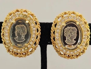 Vintage, Park Lane, geschnitzte Glas Intaglio ClipOn Ohrringe goldfarben Strass - Bild 1 von 15
