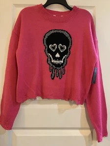 No Boundaries Juniors Distressed Sweater Skull Pink & Black Size L (11-13) - Picture 1 of 7