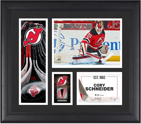 C.Schneider NJ Devils Framed 15x17 Collage w/Piece of GU Puck Cover