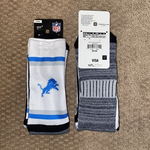 2-Pack DETROIT LIONS LOGO STRIPE MENS WHITE CREW SOCKS LARGE (10-13) Cover