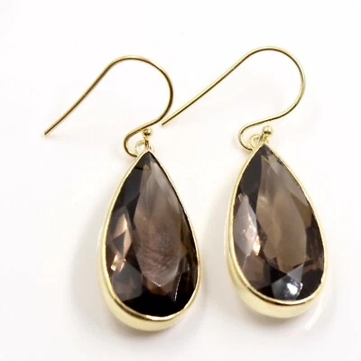 Orecchini pendenti al quarzo fumé in argento 925 placcato oro gioiello regalo... - Immagine 1 di 4