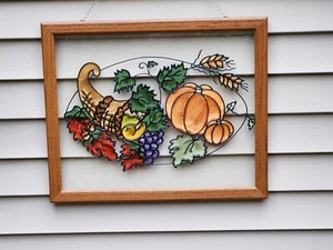 Autumn Harvest Suncatcher Halloween Thanksgiving Framed Pumpkin Stained Glass - Picture 1 of 24