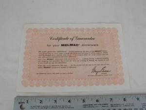 Vintage Paper MELMAC Dinnerware 2 Year Certificate of Guarantee w Use and Care - Picture 1 of 9