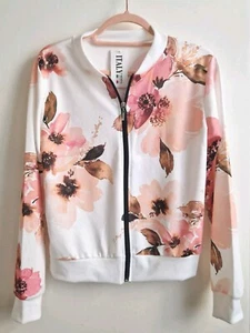 Italy Moda White Floral Bomber Jacket Size ONE Peach Pink Flowers Zipped Top - Picture 1 of 10