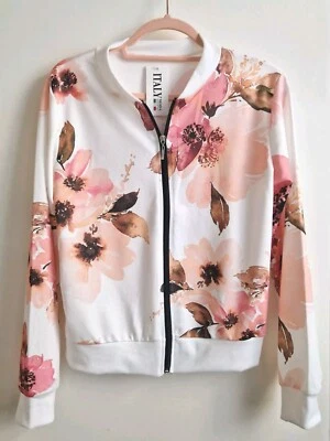 Italy Moda White Floral Bomber Jacket Size ONE Peach Pink Flowers Zipped Top - Image 1 of 4
