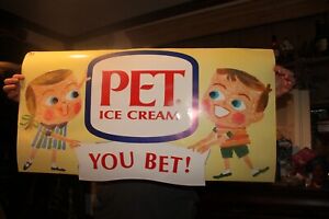 Vintage 1960's PET ICE CREAM Paper Sign 17" x 33" Grocery Store Poster You Bet!