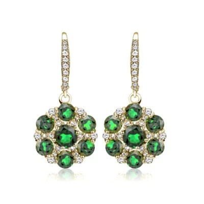 Gold Tone over Silver Simulated Emerald and White Topaz Flower Dangle Earrings - Image 1 of 3