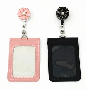 Flower Pearl Retractable swivel Reel and Vertical Leather ID Badge Holder Pocket - Picture 1 of 10