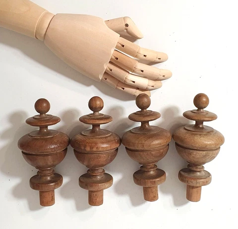 Post finial set of 4 Turned wood toppers - Antique French architectural salvage Cover