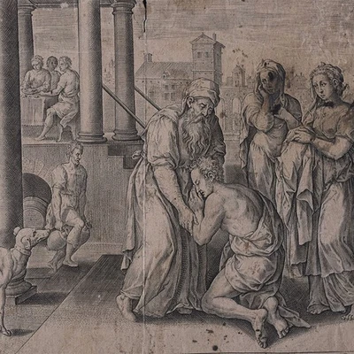 Der verlorene Sohn Bibelerzählung unbekannter Monogrammist Kupferstich 17 Jhd - Bild 1 von 4