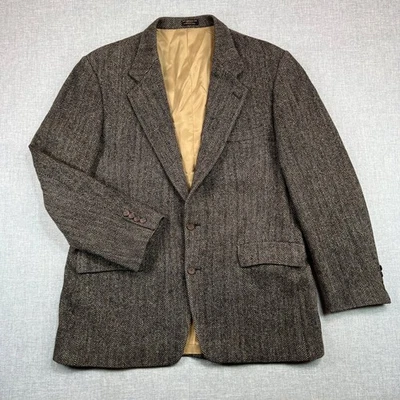 Casaco esportivo Harris Tweed vintage 43L marrom espinha de peixe blazer de lã escocesa EUA - Imagem 1 de 4