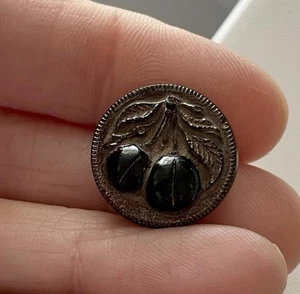 VTG Antique Victorian 5/8” Black Glass Button Cherries On Stem Leafs G35 - Picture 1 of 4