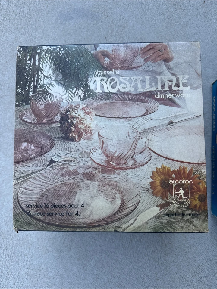 NIB Arcoroc Vaisselle Rosaline Pink Swirl 16 Piece Dinnerware Hostess Set France - Image 1 of 2
