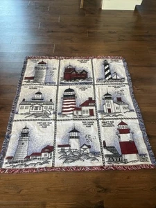 Vintage Lighthouse Woven Tapestry Fringe Sailboat Seagulls Throw Blanket 52x46 - Picture 1 of 7