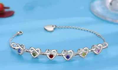 Pulsera Personalizada Grabada Corazones Unidos Día de la Madre Nombre y Piedra de Nacimiento ELECCIÓN Foto 1 de 4
