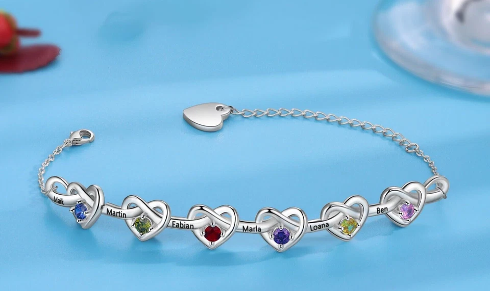 Pulsera Personalizada Grabada Corazones Unidos Día de la Madre Nombre y Piedra de Nacimiento ELECCIÓN Foto 1 de 4