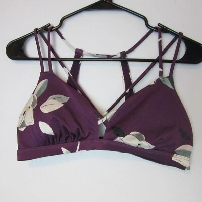 Athleta Dark Purple Floral Printed Bikini Top Small Strappy Padded Racerback - Image 1 of 4