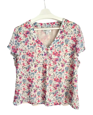 Coldwater Creek Silk Floral Blouse PXL Pink Blue Cream Lined Cottagecore Boho - Image 1 of 4