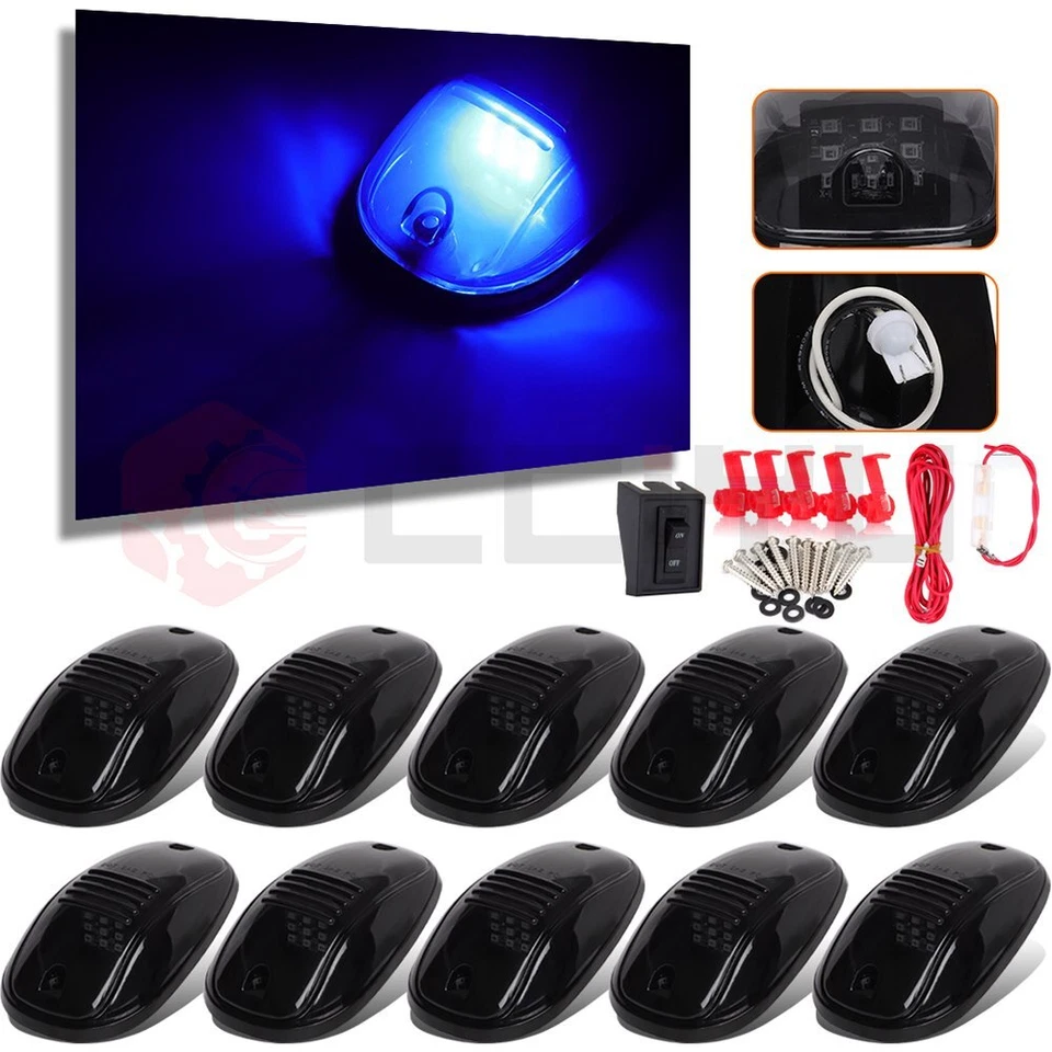 10pcs 12V LED Smoke Lens Blue Lamp Cab Marker Roof Light + Wiring For Dodge Ram - Image 1 of 4