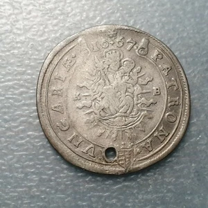 HUNGRIA AUSTRIA LEOPOLD I 15 KREUZER 1667 KB KREMNITZ AGUJERO - HOLED - Picture 1 of 2