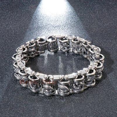 Premium Mens Heavy 316L Stainless Steel Chinese Dragon Link Chain Biker Bracelet - Image 1 of 4
