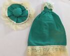 Vintage Handmade Barbie Teal Maxi Dress Trimmed In Lace With Matching Hat.