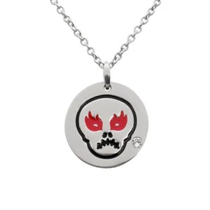 angry skull emoji charm Necklace red epoxy, Crystal stainless steel pendnat - Picture 1 of 6