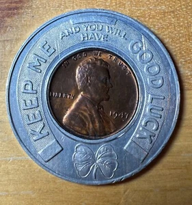 Encased 1947 Lincoln Wheat Penny Cent - Good Luck - Tempo Radio NYC - Picture 1 of 2