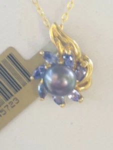 Black Pearl And Tanzanite Marquise Cut Pendant 10kt Solid Yellow Gold - Picture 1 of 12