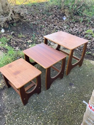 Vintage Mid Century Style Nest of 3 Brown Wooden Tables Side End Coffee - Image 1 of 4