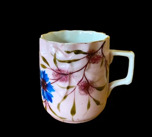VINTAGE PORCELAIN MOUSTACHE MUG ~ GILDED CRIMPED EDGE ~ WILDFLOWERS ~ FLORAL - Picture 1 of 4
