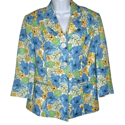 Norton McNaughton Blazer Womens 8 Blue Yellow Green Floral Linen Spring Jacket - Image 1 of 4