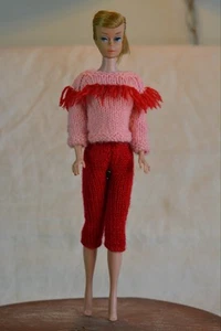 Vintage Barbie Pink Red Fringe Sweater Pants, Hand Knit, 60s - Picture 1 of 4