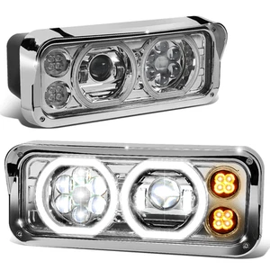 For 1981-2019 Peterbilt Kenworth Full LED Dual Halo Projector Headlights Chrome - Picture 1 of 12