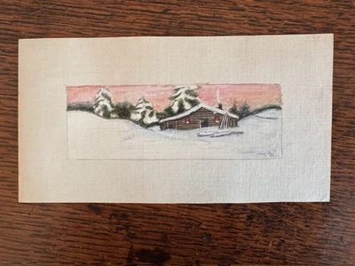 Vintage 1920s Watercolor Painting Snowy Winter Cabin Rustic WC Vincent 3 x 5.5 - Image 1 of 4