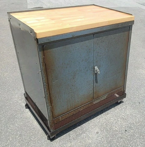 Vintage Steel Industrial Kitchen Island Cabinet Butcher Block Cover